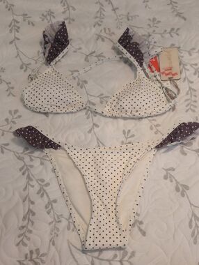 Polka Dot Ruffle Triangle Bikini — White with Black Dots
